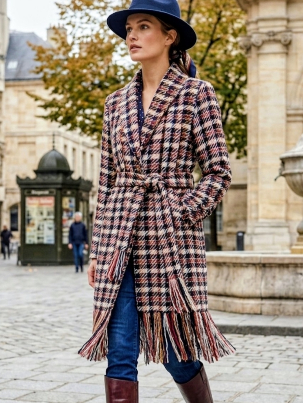 Cabi Regency Tweed Fringe Belted Trench Coat, M,
